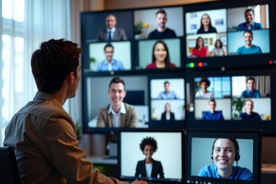 Global Online Video Conference: Multiscreen View of Participants in Various Shapes and Locations