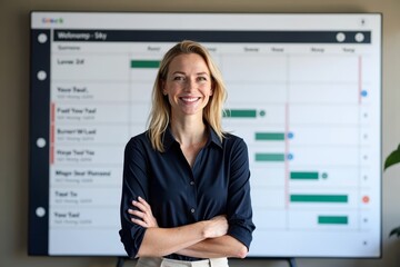 Employee showcasing dedication and organization in front of a giant Gantt chart during a photoshoot