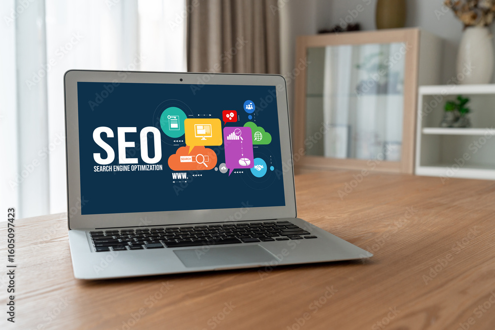 Poster seo search engine optimization for modish e-commerce and online retail business showing on computer 