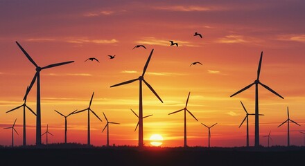 A beautiful landscape of a wind farm at sunset with wind turbines and flying birds. Concept of clean, sustainable energy production.