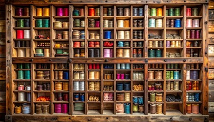 Wooden display cabinet filled with colorful spools of thread