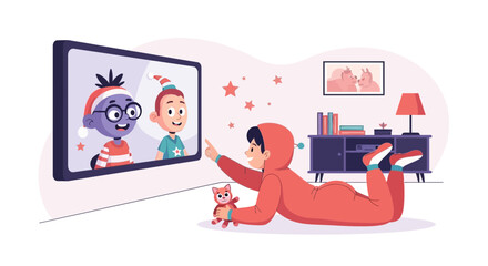 Boy In Pajamas Watching Animated Christmas Friends On Television Screen