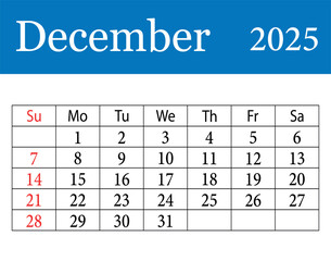Monthly calendar for December 2025. December 2025 calendars