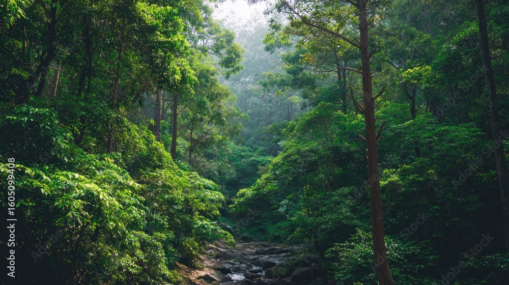 Poster tranquil scene of jungle with towering trees and gentle streams in heart of nature