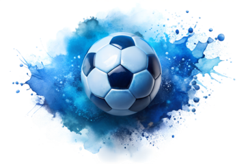 Soccer ball with blue watercolor splash and splatters on a transparent background