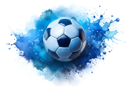 Soccer ball with blue watercolor splash and splatters on a transparent background