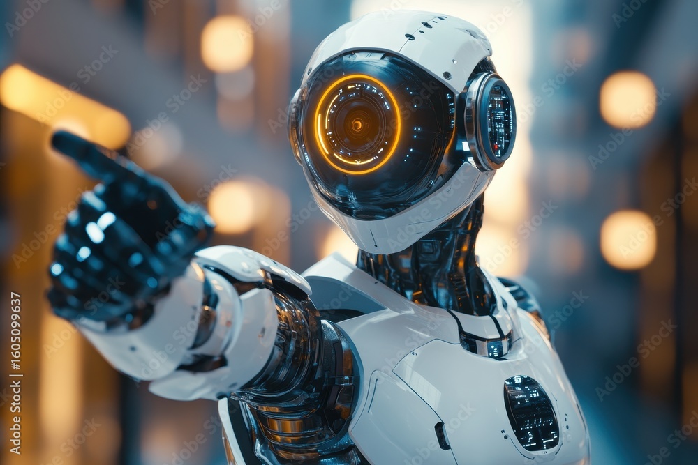 Poster robot points with precision while holding an advanced camera in a futuristic urban setting, an epic 