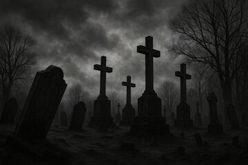 Dark graveyard background spooky cemetery crosses and tombstones scene