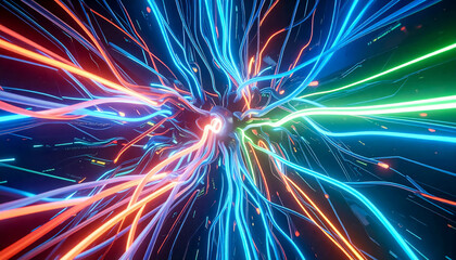 Abstract dynamic movement and superposition of translucent electronic threads on a dark background, complexity of the electrical activity of signal, data flow, blockchain