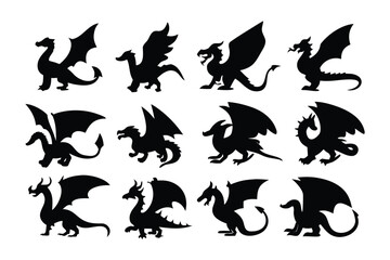 Collection of diverse silhouette dragon poses showcasing mythical creatures in various dynamic and static stances