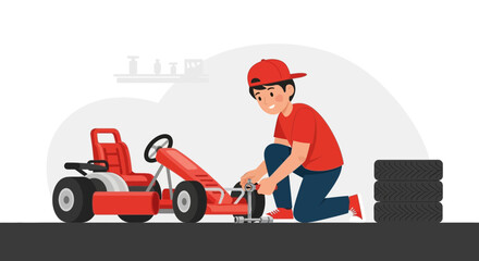 Boy Maintaining His Red Go Kart Before a Race For Automotive Fun