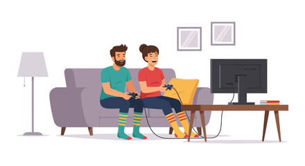 Fototapeta premium Couple Playing Video Game Sitting on Sofa At Home Together Have Fun