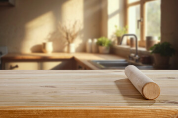 Wooden rolling pin on kitchen table in warm cozy kitchen interior filled with natural soft daylight...