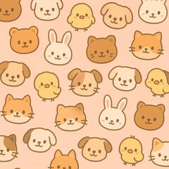 Obraz premium Kawaii Cartoon Faces Adorable Animal Pattern Background Illustration