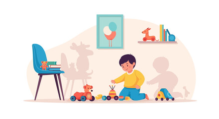 Boy Playing With Toys At Home Creates Happy Childhood Moments