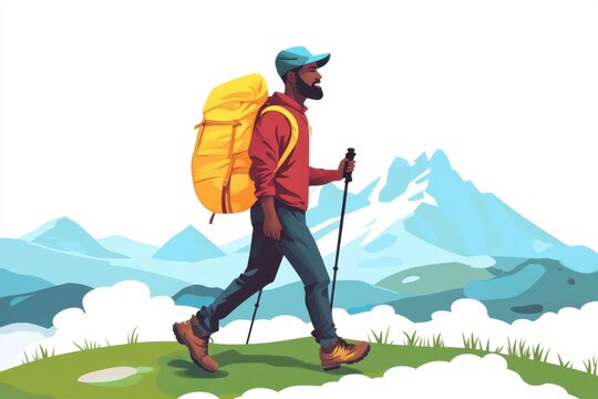 African American man hiking with a yellow backpack through mountainous terrain during daytime, data processing over african american man hiking - Powered by Adobe