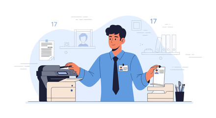 Efficient Office Workflow: Man Duplicating Documents Using Printer Machine