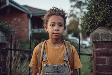 Young boy standing outside home with backpack in autumn evening