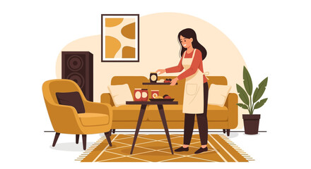 Cozy Afternoon Refreshments Preparing Woman With Table In A Comfortable Setting