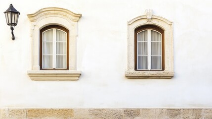 Fototapeta premium Two arched windows on a light beige wall, with a light fixture