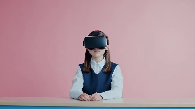 Schoolgirl wearing virtual reality headset sitting at desk in classroom experiencing virtual reality educational content, innovative teaching methods using immersive technology in modern education