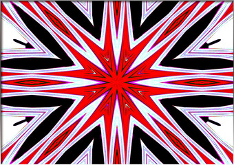A dynamic starburst pattern in red, black, and white creates a sense of movement and energy. Symmetrical lines radiate from the center, forming a striking geometric design.