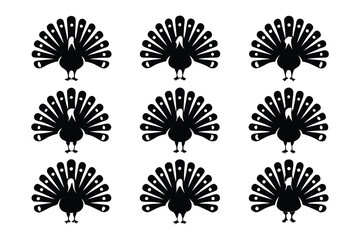 Collection of silhouetted pigeons in various poses showcasing their distinctive feather patterns and body shapes