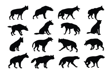 Collection of silhouetted iguanas in various alert and curious poses against a white background