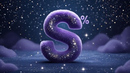Sparkling Purple "S" Letter with Percentage Symbol in a Dreamy Starry Night Sky