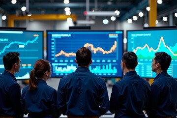 Factory engineers huddled around a massive TV screen showcasing live financial analytics and data.