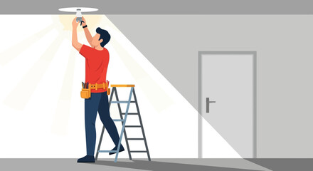 Electrician Installs A New Light Bulb On Ceiling Using Ladder Repair Service