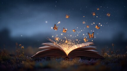 Enchanted Open Book Releasing Glowing Butterflies in a Starry Night