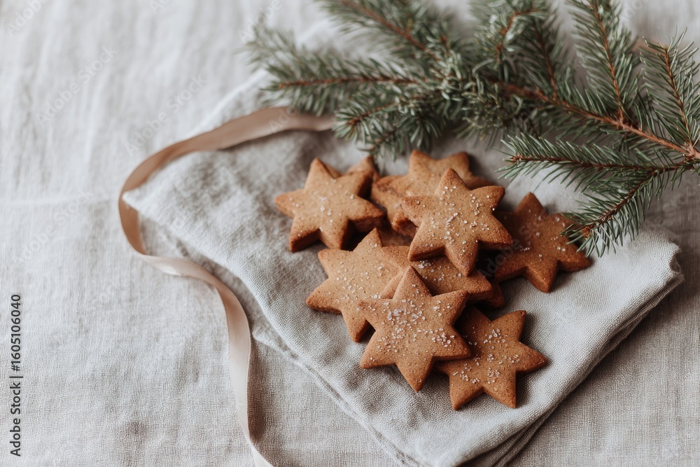 Poster flat lay of gingerbread cookies on linen napkin with ribbon and sprig of fir copy space on side