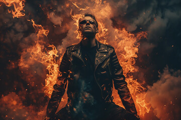 A man in a leather jacket and sunglasses stands defiantly amidst a backdrop of intense flames and smoke exuding a powerful and rebellious aura