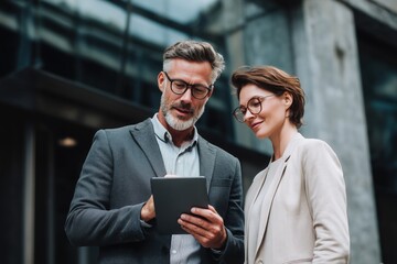 Photo of two business people using a tablet while standing in front of a building, looking at the screen and discussing a project outside the office.