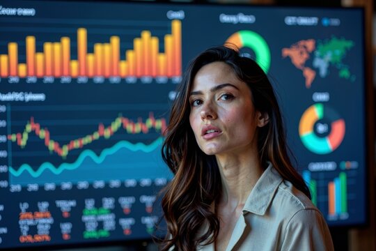 Woman stands in front of oversized data dashboard displaying colorful financial business analytics graphs, charts, and statistics