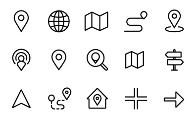 Navigation and location icon set with pin, map, route, direction, arrow, house, globe