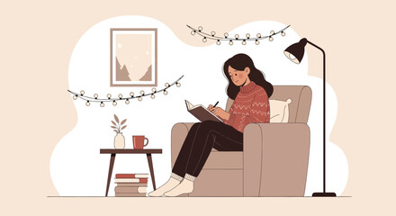 Cozy Evening Woman Writing in Journal at Home During Holidays