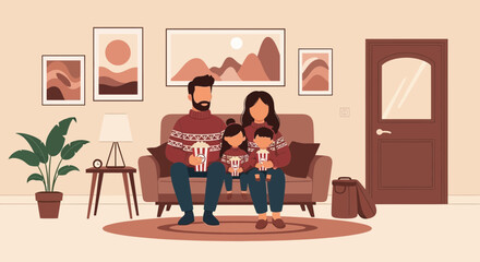 Fototapeta premium Cozy Family Night Watching Movie And Eating Popcorn Together At Home
