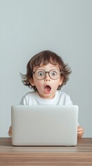 Surprised child wearing eyeglasses sitting at desk using laptop, experiencing stress and needing anger management, highlighting challenges of time management and deadlines in modern childhood