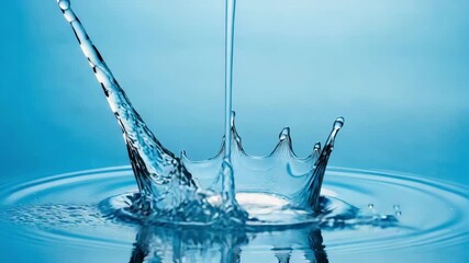 Captivating slow-motion water splash creating elegant droplet crown and ripples on serene blue background, perfect for refreshing visuals. - Powered by Adobe