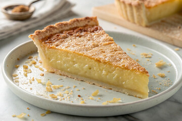 A delicious slice of homemade Southern transparent pie with a rich custard filling and a flaky, buttery crust, served on a ceramic plate.