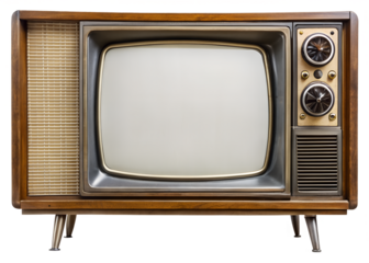 A vintage wooden television with a large screen and multiple dials on a transparent background