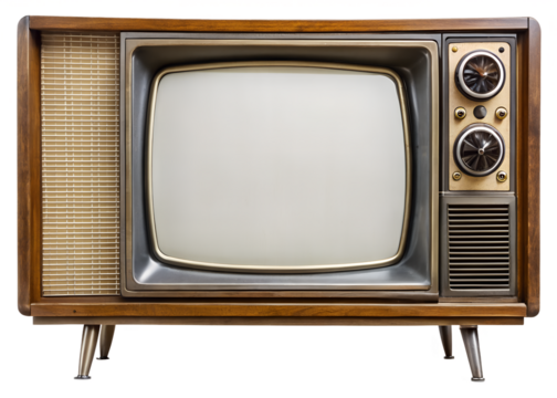 A vintage wooden television with a large screen and multiple dials on a transparent background