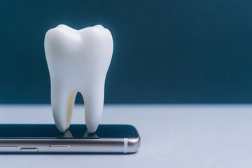 A model of a human tooth rests on a smartphone. Concept of online dental consultation