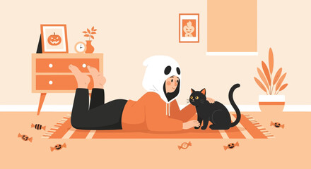Cozy Halloween: Girl with Cat at Home in Autumn Color Palette Style