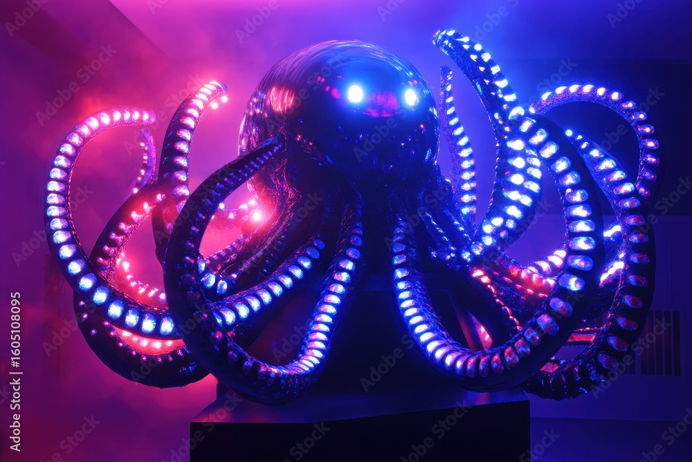 Poster mysterious alien-like creature with glowing tentacles in a dark environment, a paranormal alien-like