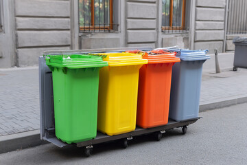 Eco-friendly dumpster, color-coded garbage cans filled with sorted waste on the street, sustainability and waste management