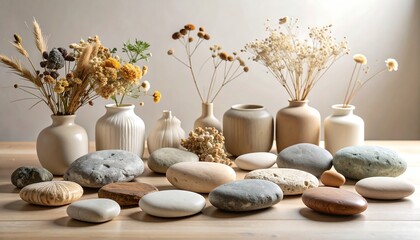 Dried flowers and stones in vases