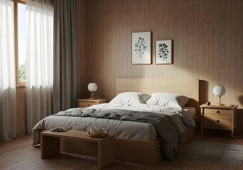 Light wood bedroom with white bedding and botanical art